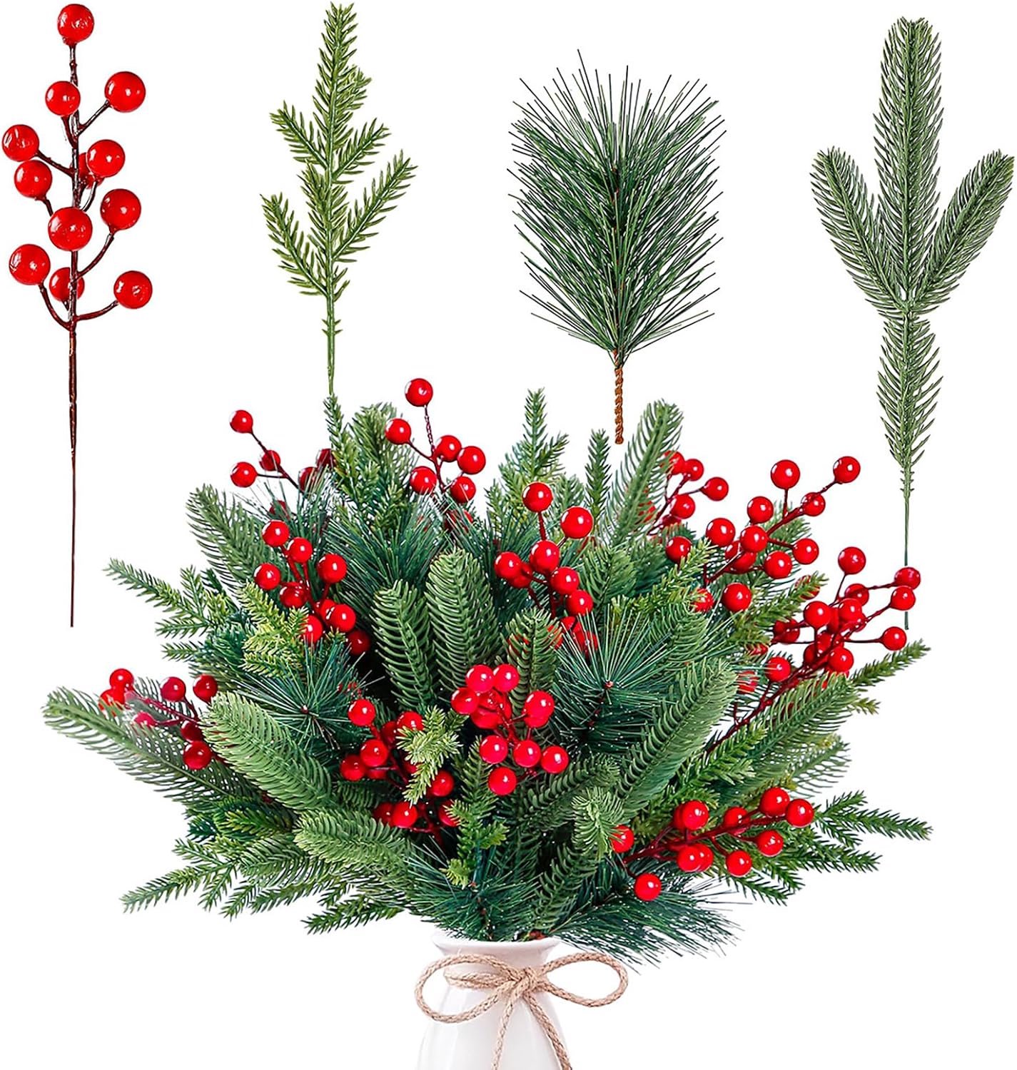 60 stuks kunstmatige dennentakken met kerstbessen - Rode bessen aan kunstmatige - groene kersttakken met dennennaalden - ornamenten voor kerstboomdecoraties, doe-het-zelf krans - kerstkrans zelf te maken - kerstboom, wenskaarten, feestjes