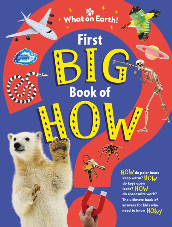Boekomslag 'First Big Book of How' met illustraties van een ijsbeer, skelet, vliegtuig, planeet en magneet.