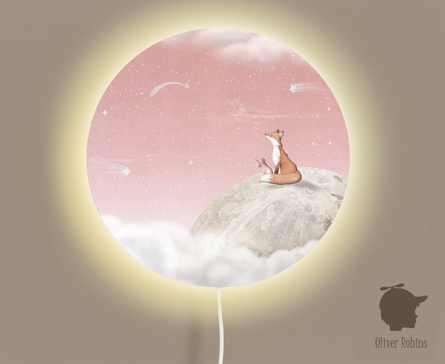 Wandlamp rond Fox on the moon pink Oliver Robins-sfeerverlichting-kinderkamer-vos-maan-wandverlichting
