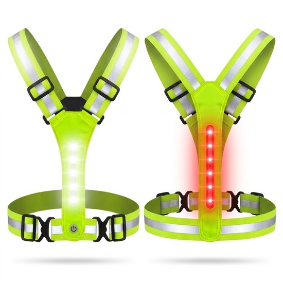 Voor- en achterkant van een verstelbaar neongeel LED-hardloopvest met reflecterende strips.