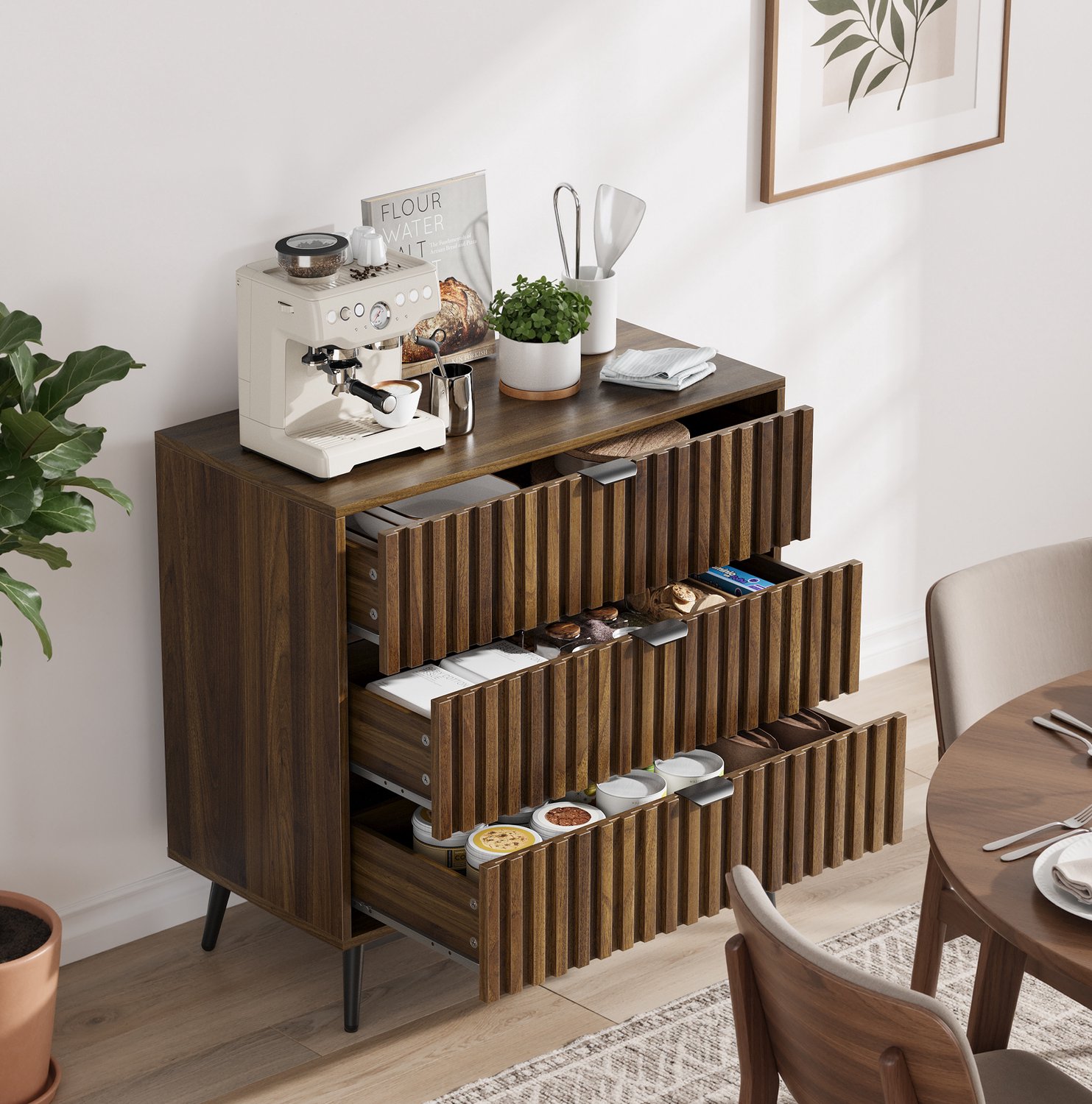 CHICFURN Ladekast - 3 laden - opbergruimte - metalen poten - walnoot Walnootkleur