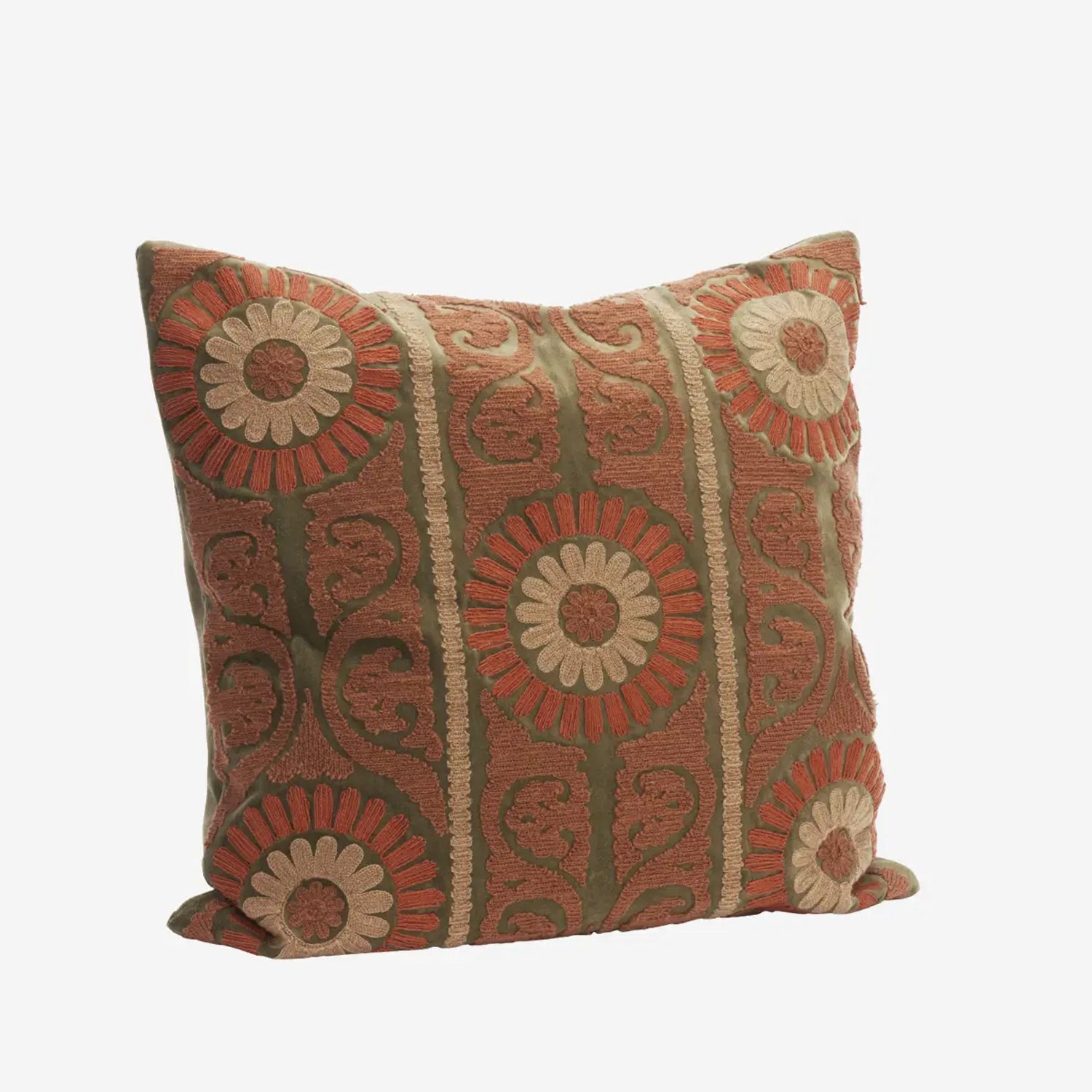 Madam Stoltz - Suzani Geborduurde Fluwelen Kussenhoes – 50 x 50 cm – Khaki