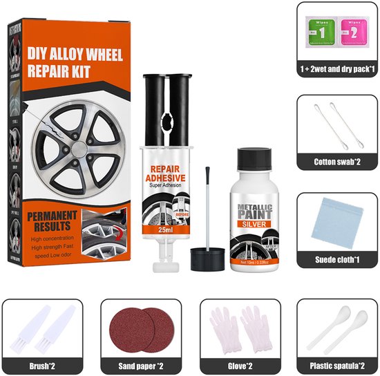 Complete 14-delige velgen reparatieset met lijm, zilverkleurige lak, reinigingsdoekjes, schuurpapier en gereedschap.