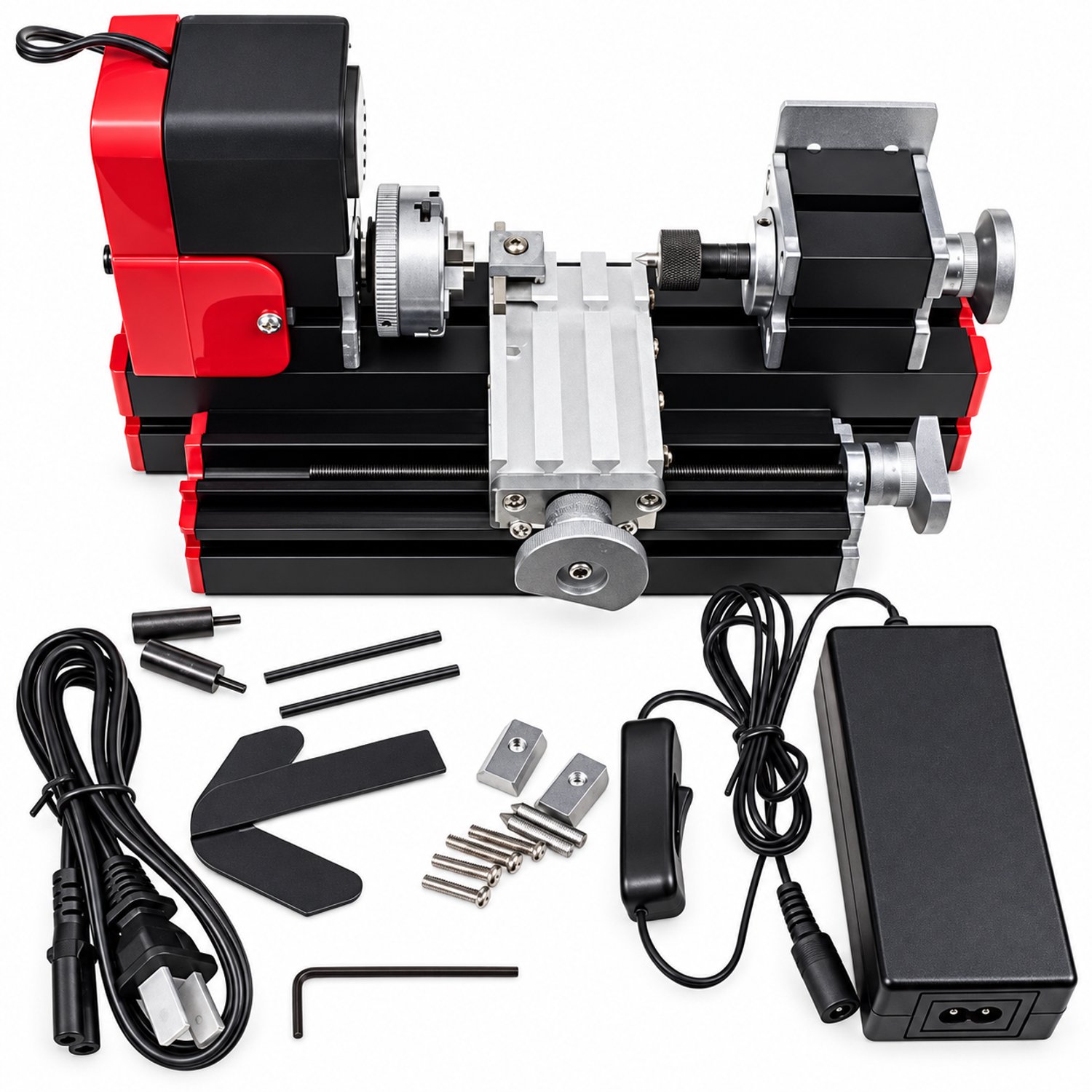DPLUNIQ Gereedschap - Modelbouw - Houtbewerking - Hout - Draaibank - Mini - 12V - 24W - 20000 rpm - 28x10x16cm - Zwart/Rood
