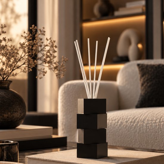 Geurstokjeshouder mat zwart – Luxe Geurverspreider Cozy Plaid – Navulbare Geurstokjes Set 200 ml – Design Diffuser met Witte Stokjes – Stijlvol Huisparfum Cadeau — cadeau in Wonen & Interieur - foto 2