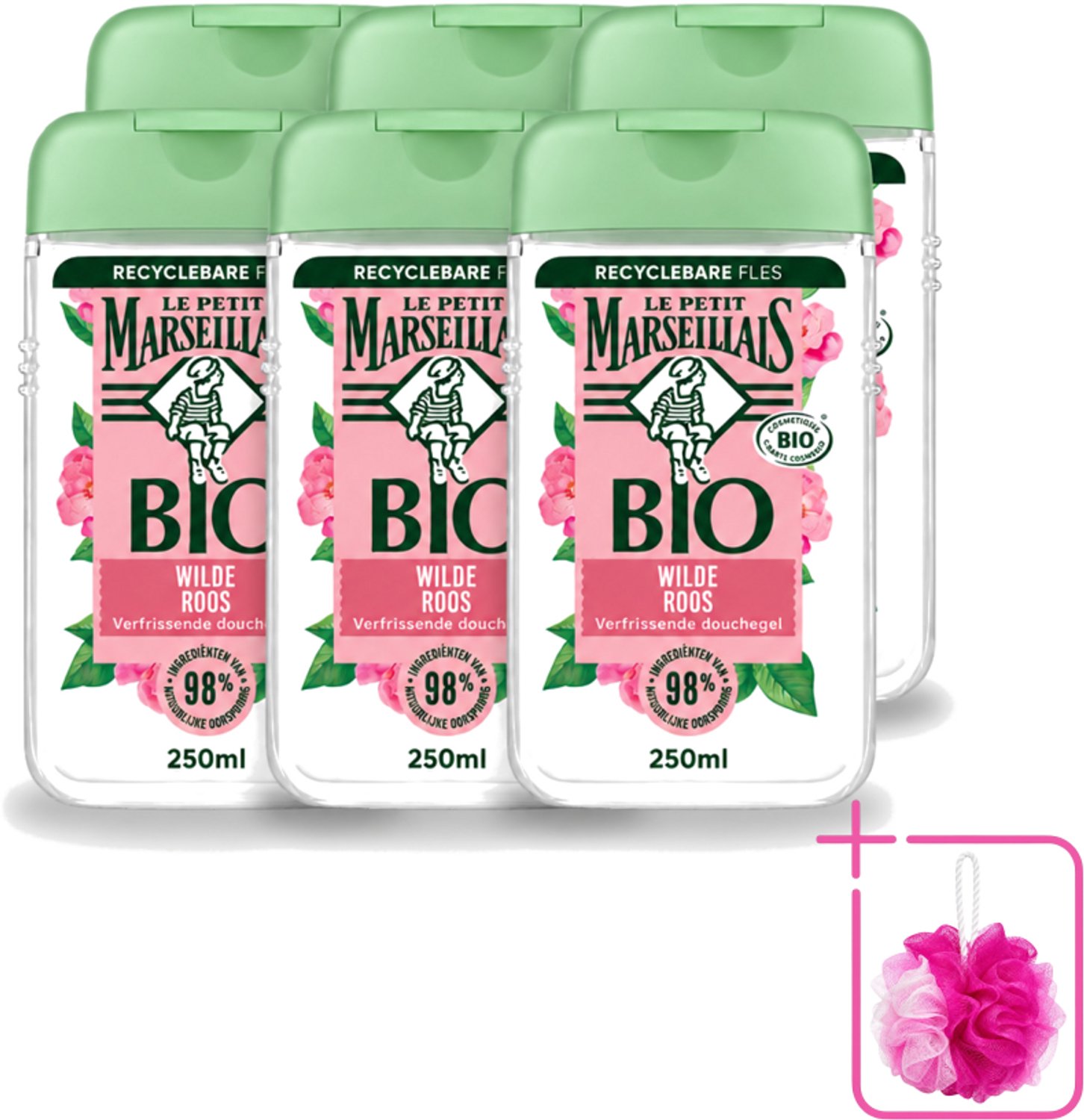 6 x Le Petit Marseillais – Douchegel – Bio Wilde Roos – Verfrissend – 250 ml - Bulkverpakking - Douchegel - Douchemop - Bio rozenbottel