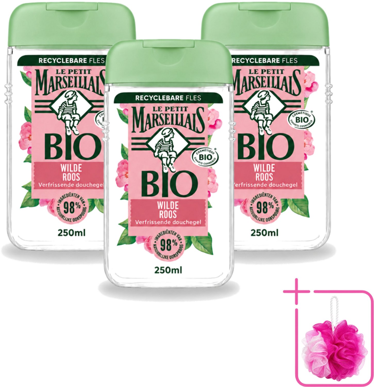 3 x Le Petit Marseillais – Douchegel – Bio Wilde Roos – Verfrissend – 250 ml - Bulkverpakking - Douchegel - Douchemop - Bio rozenbottel