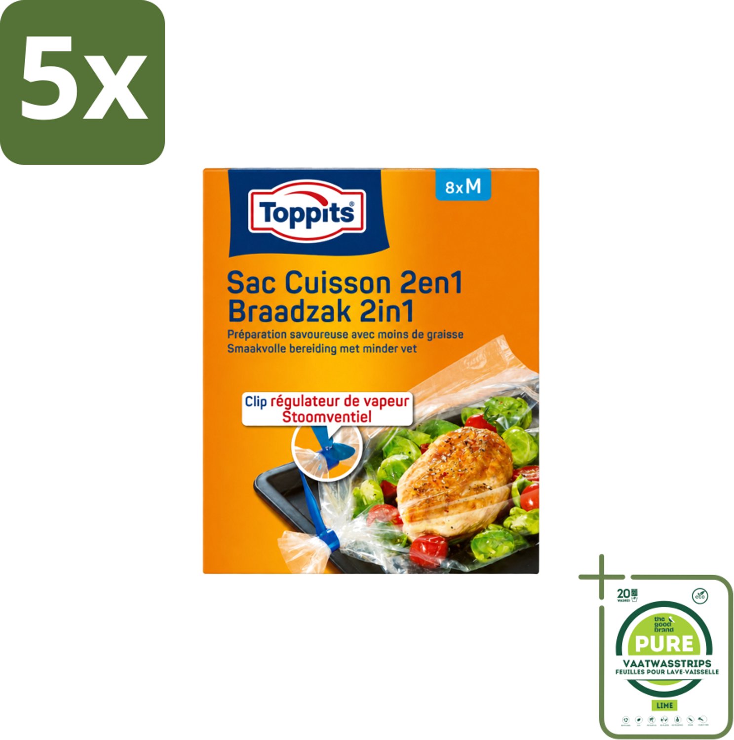 5 x Toppits – 2-in-1 Braad- & Stoomzakken – Maat M – 8 Zakjes - Grootverpakking - Vaatwasstrips - Braadzakken Oven - Braadzakken Magnetron - Gezond Koken - Smaakvol Koken - Vetvrij Bakken