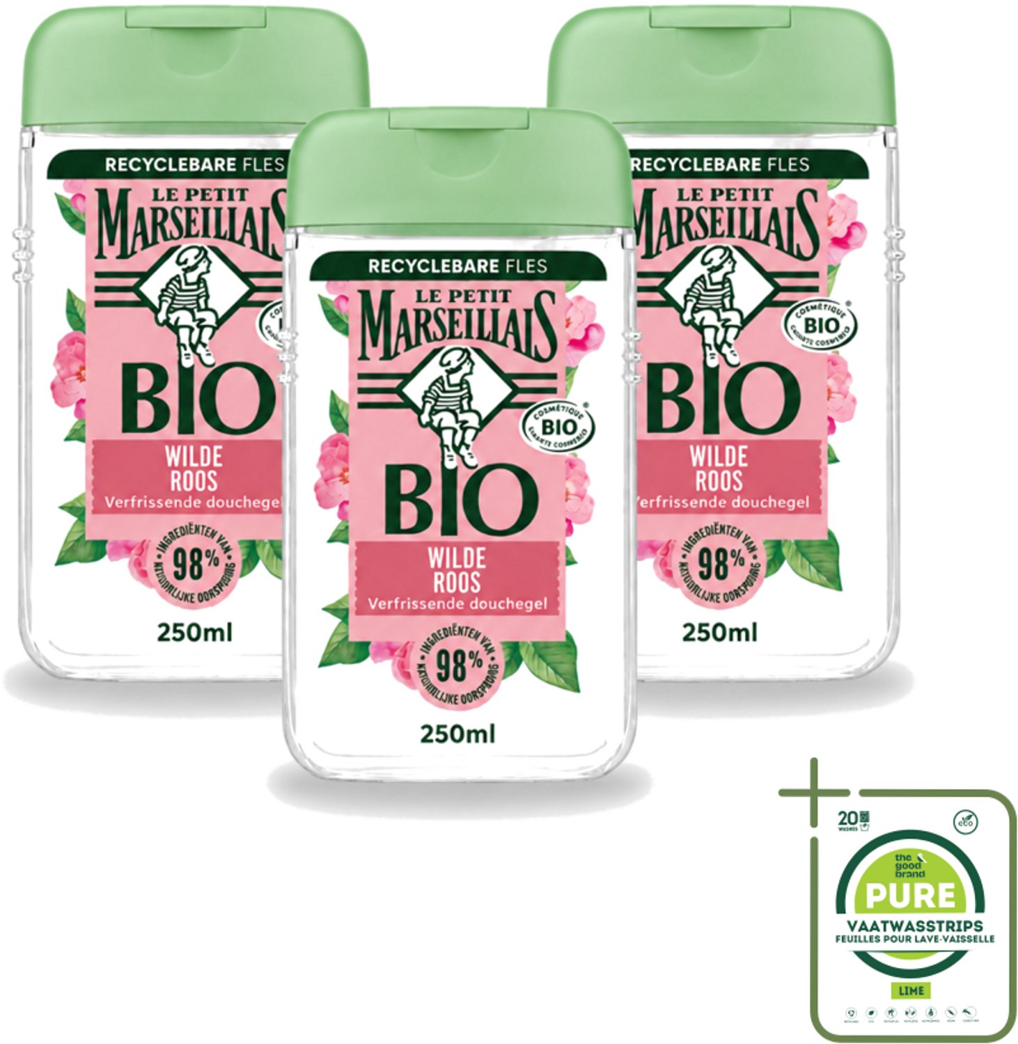 3 x Le Petit Marseillais – Douchegel – Bio Wilde Roos – Verfrissend – 250 ml - Grootverpakking - Vaatwasstrips - Douchegel - Bio Rozenbottel - Frisse Douchegel - Natuurlijke Douchegel - Zachte Reiniging