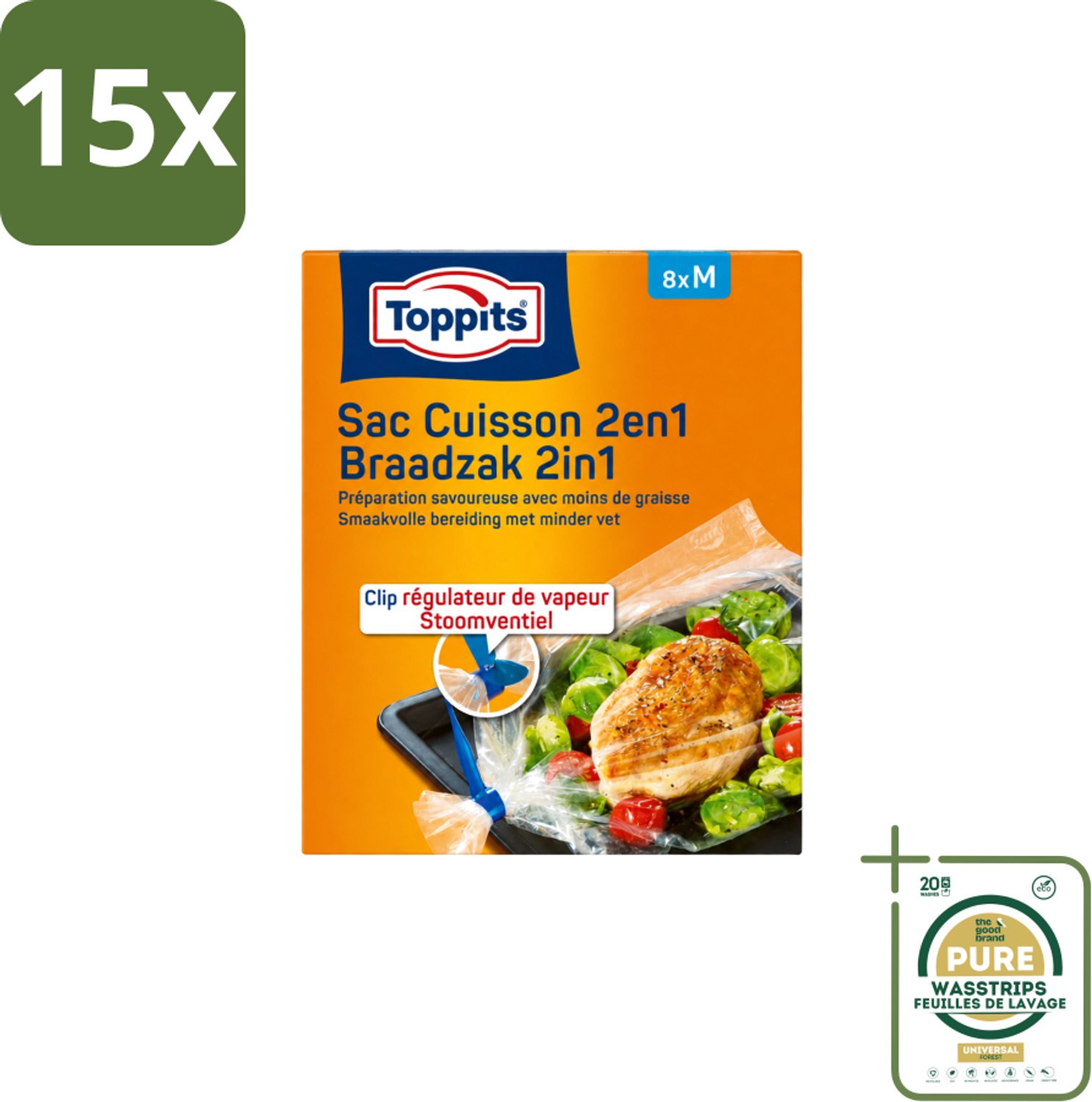 15 x Toppits – 2-in-1 Braad- & Stoomzakken – Maat M – 8 Zakjes - Wasstrips - Braadzak Oven - Stoomzak Oven - Oven Bakken - Magnetron Bakken - Vetvrije Bakken