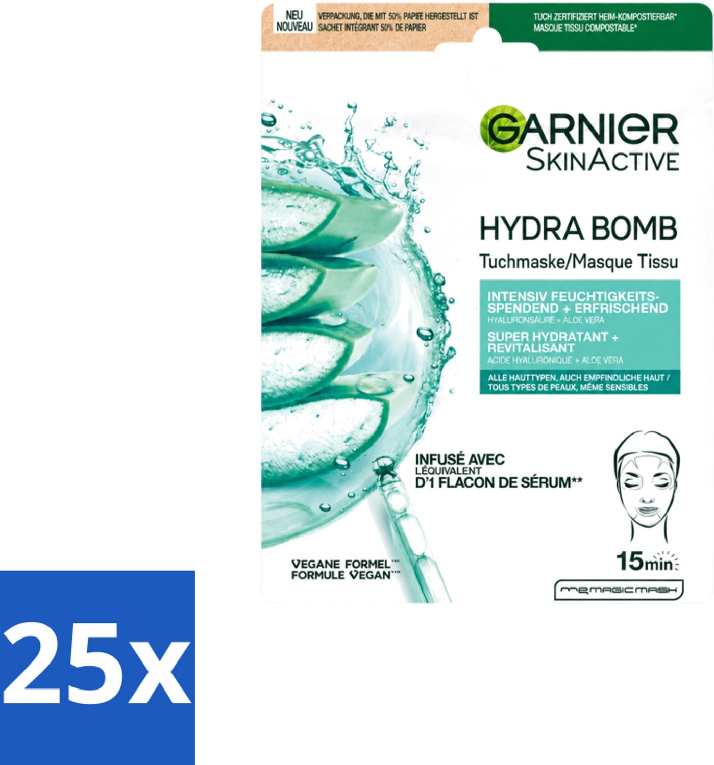 25 x Garnier - SkinActive - Hydrabomb Tissue Masker - Hyaluronzuur & Aloe Vera - Super Hydraterend - 1 Gezichtsmasker - Voordeelverpakking - 25 stuks