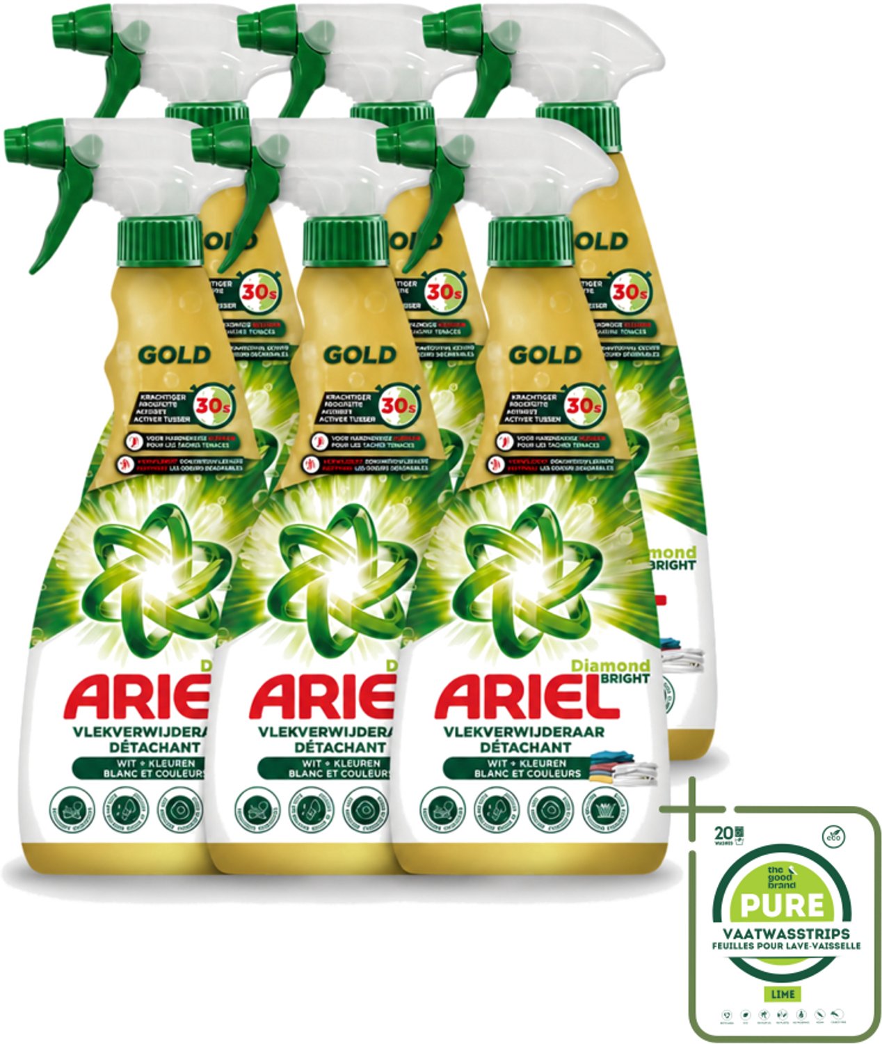 6 x Ariel - Vlekkenverwijderaar - Gold Spray - 750 ml - Grootverpakking - Vaatwasstrips - Vlekken Verwijderen - Snel Wasmiddel - Vlekken Op Witte Kleding - Vlekken Op Gekleurde Kleding - Vlekken Op Sportkleding
