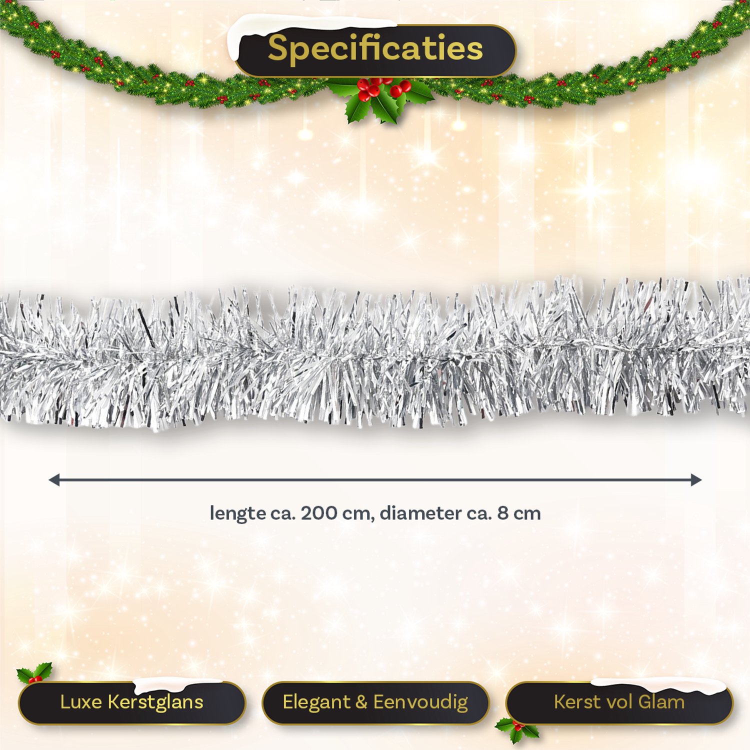 LUQ – Tinsel Kerstslinger Zilver – Lametta Slinger – Christmas Garland – Kerstboomversiering – Kerstboom Hangdecoratie – foto 2