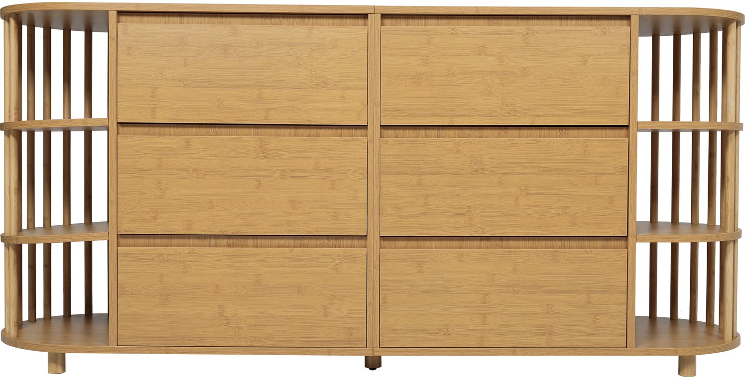 SONNENH Ladekast met 6 laden en open bamboe zijvakken - Eikenlook - 160 x 40 x 75 cm