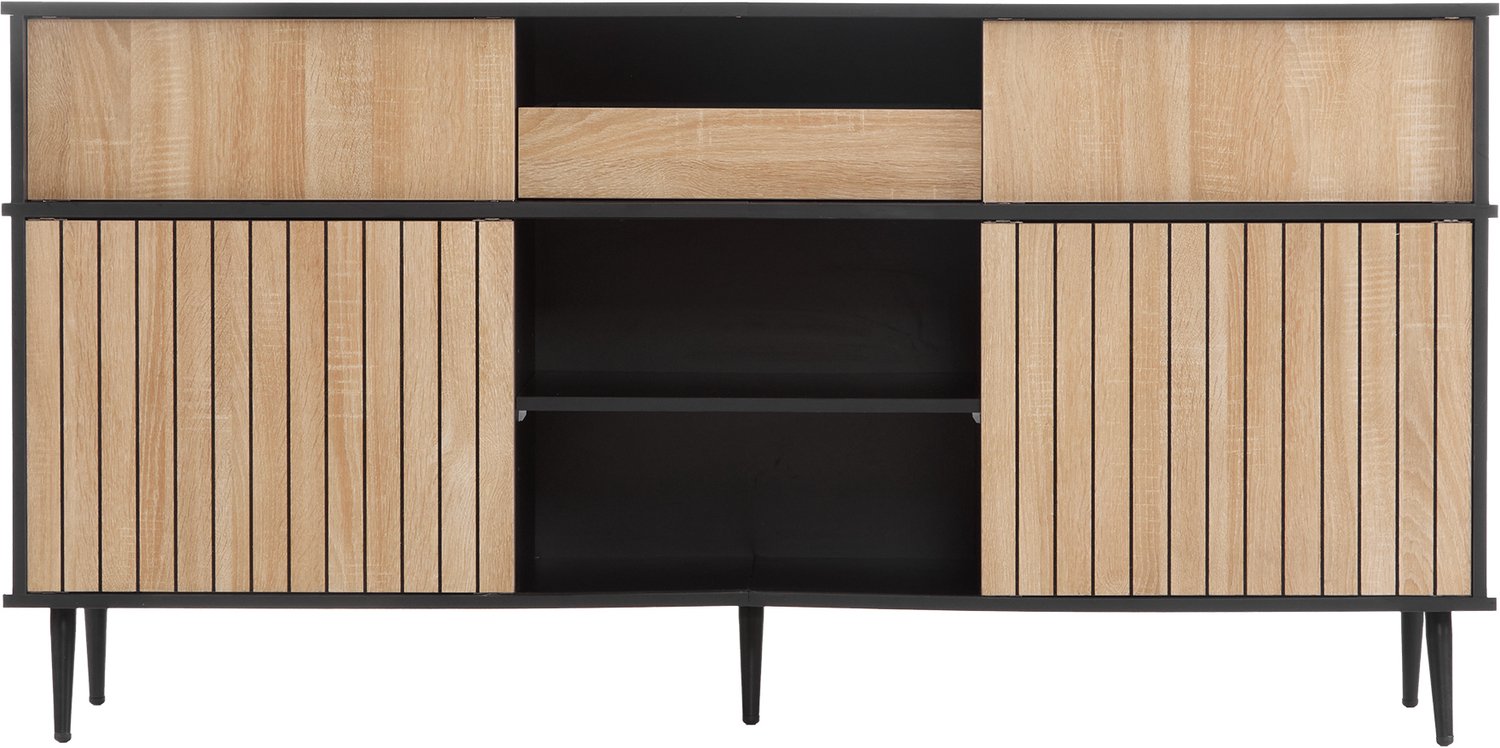 SONNENH Dressoir met 4 schuifpanelen, lade en open vakken - Zwart en eikenlook - 160 x 40 x 80 cm