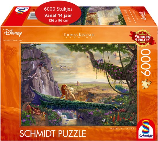 Boîte de puzzle Schmidt de 6000 pièces avec l'illustration 'Le Roi Lion' de Disney par Thomas Kinkade.