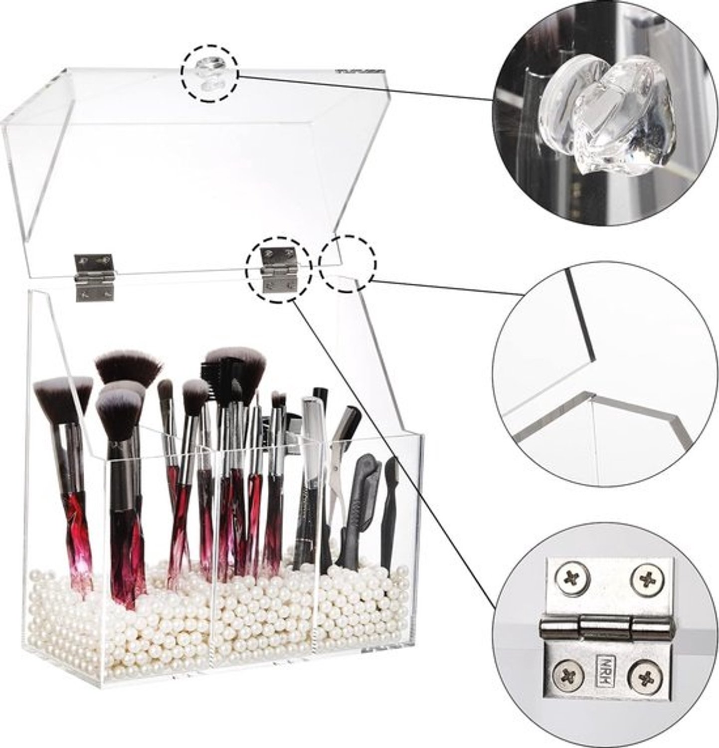 Make-upborstelhouder met stofdeksel en witte parels - Acryl organizer met 3 vakken