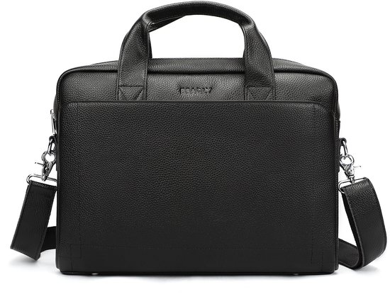 Zwarte BRAQLY laptoptas van generfd leer met hengsels en afneembare schouderriem.