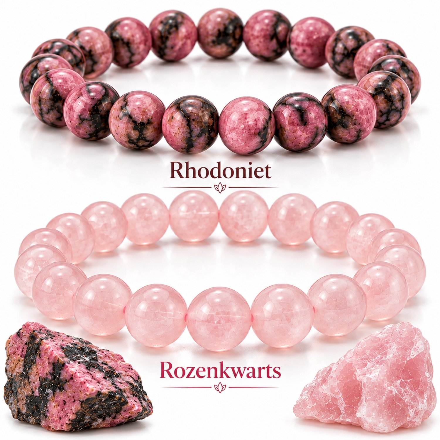 S4H® Rozenkwarts & Rhodoniet Armbandset – 8 mm Edelstenen – 18 cm – Liefde, Harmonie & Hartchakra