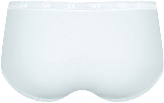 Witte midi-slip, achterzijde, met kanten afwerking aan de taille en beenopeningen.