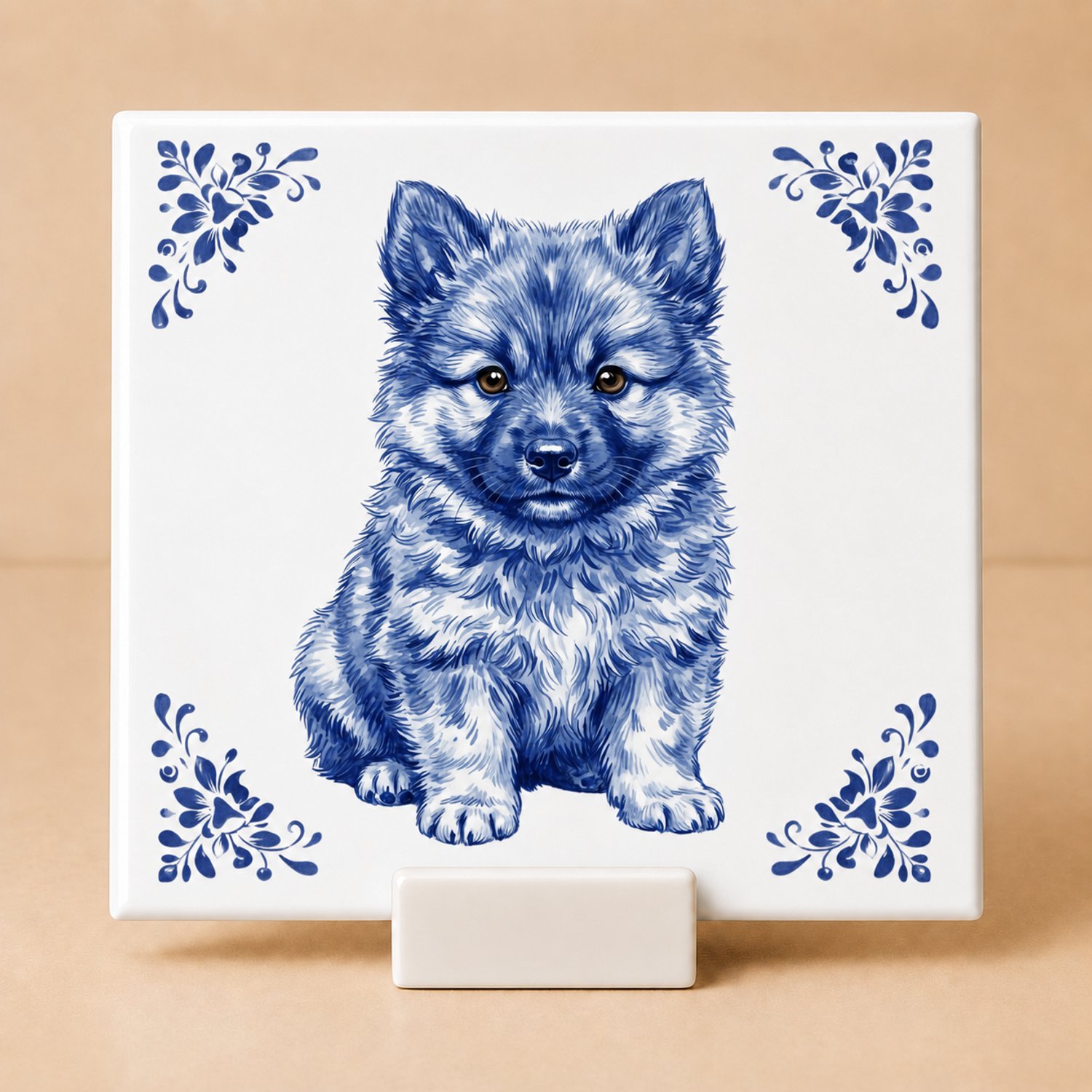 Bedruk King Delftsblauw Tegeltje 11x11 Puppy met Houdertje – Cadeau voor Hondenliefhebber of Baasje Wit