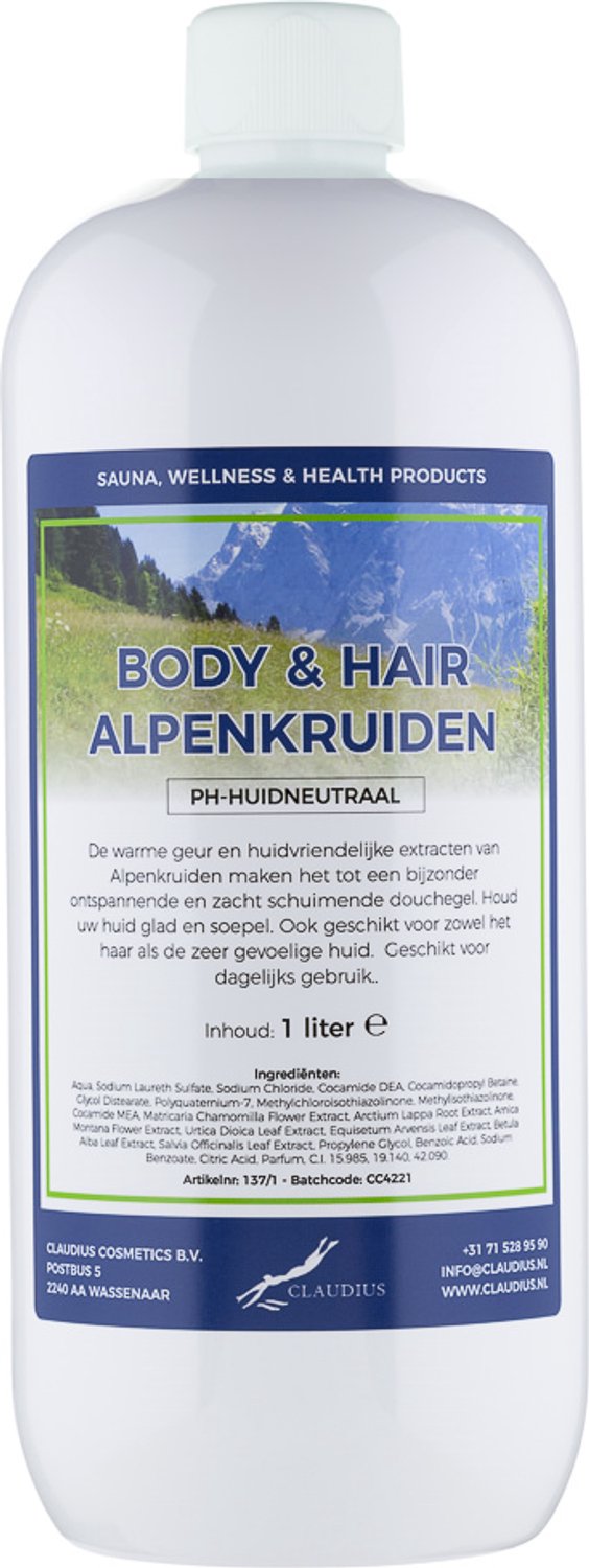 Claudius Body & Hair Alpenkruiden - 1 liter - showergel - navulling - voordeelverpakking