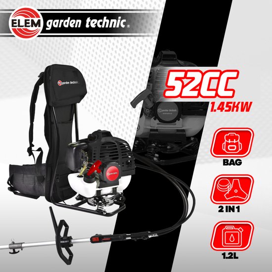 ELEM - Bosmaaier - Motor 52CC - 2 in 1 maaien met spoel 43CM of maaien met mes 25,5CM - Rugzak uitvoering — afbeelding 4