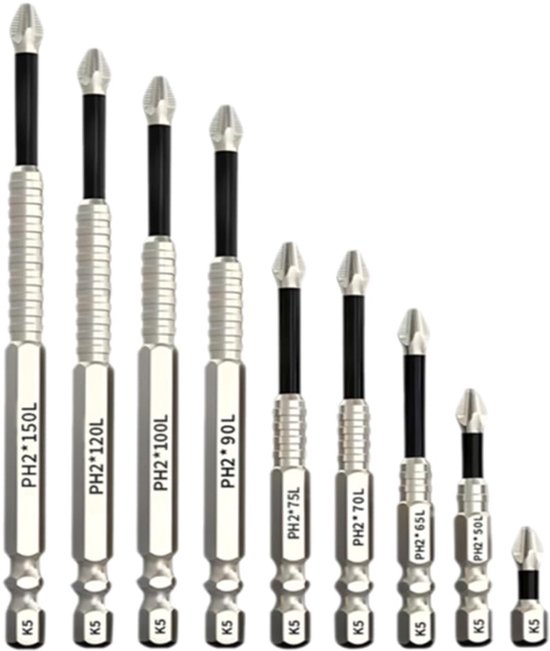 Negen zilveren en zwarte PH2 magnetische schroefbits van verschillende lengtes, van 25 mm tot 150 mm.