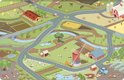 Kleurrijk speelkleed met boerderijthema, voorzien van wegen, akkers, dieren en gebouwen.