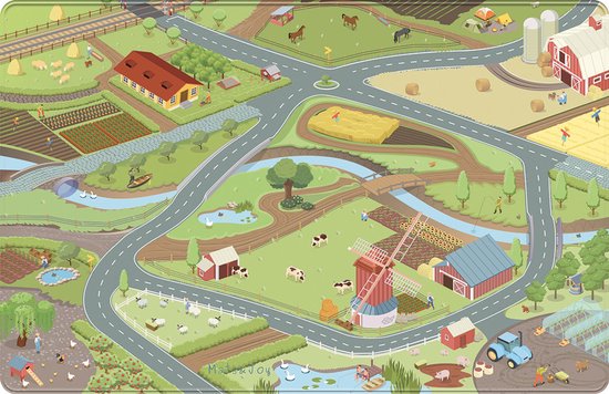 Kleurrijk speelkleed met boerderijthema, voorzien van wegen, akkers, dieren en gebouwen.