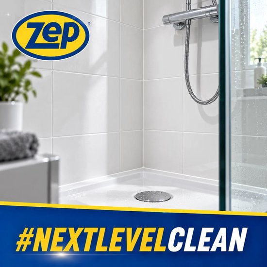 Zep logo boven een schone douchecabine met witte tegels en de tekst #NEXTLEVELCLEAN.