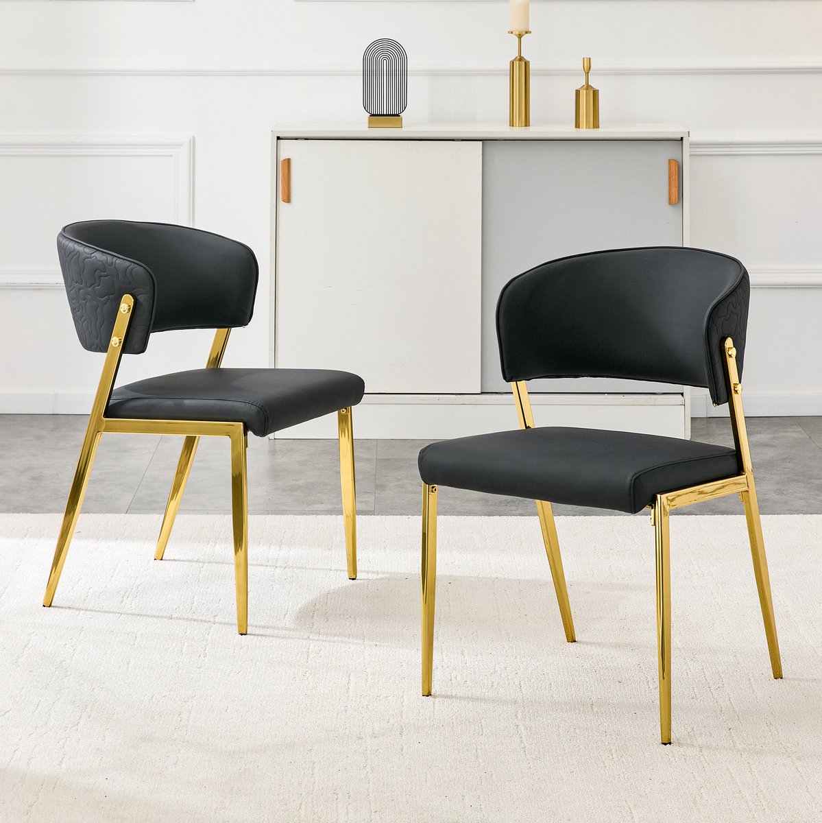 Eetkamerstoel Set Van 2 - Moderne Design Stoel Met Zachte Zitting En Gebogen Rugleuning - Voor Eetkamer Woonkamer En Kantoor - Metaal Zwart