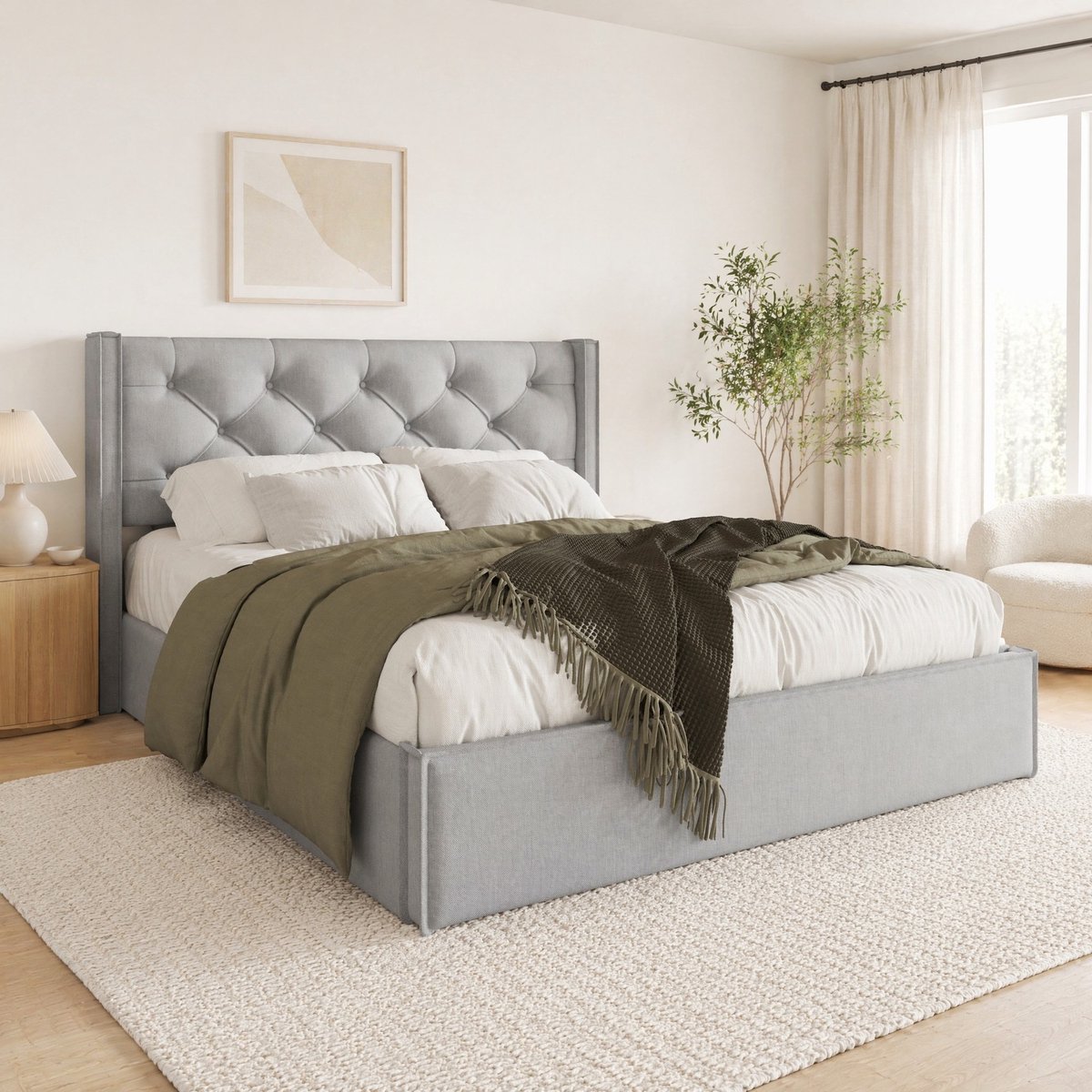 COVREO Gestoffeerd bed met opbergruimte – 140x200 cm – Tweepersoonsbed met lattenbodem – Lichtgrijs - zonder matras