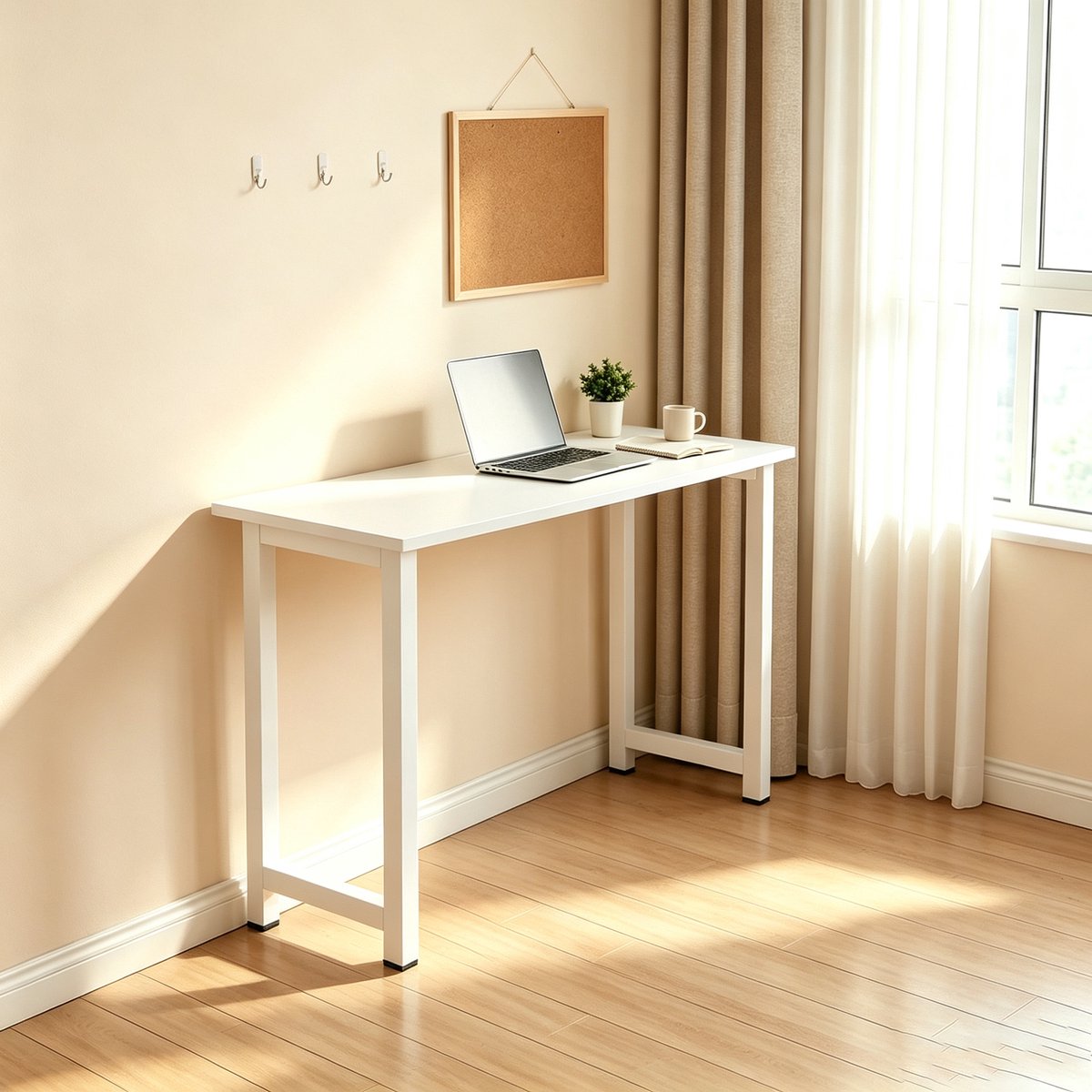 Rechthoekig computerbureau smal en tegen de muur te plaatsen afmetingen 100*40*75 cm geschikt voor thuiswerken en -studeren warm wit metalen frame
