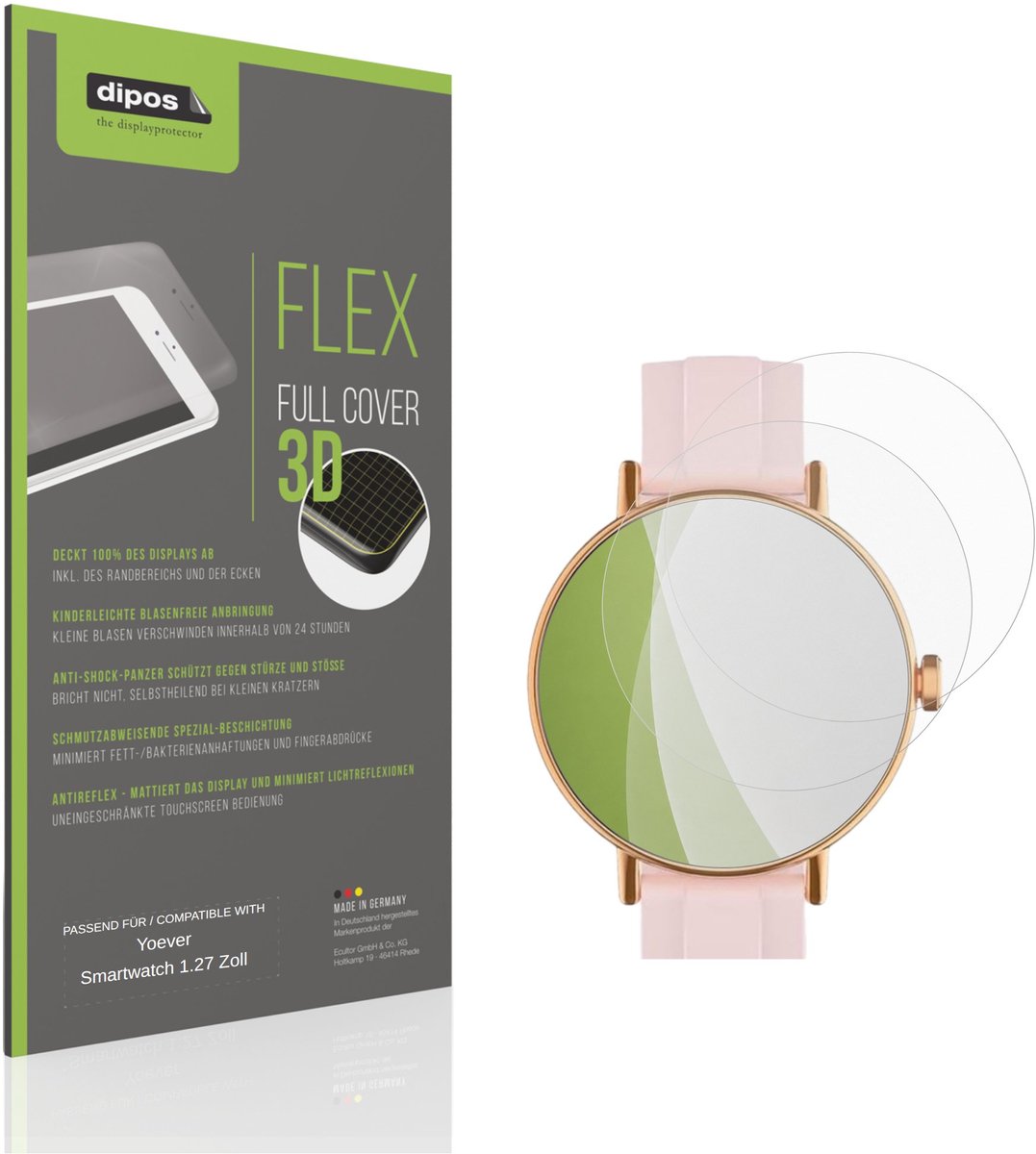 dipos FLEX – 2x Matte Screenprotector geschikt voor Yoever Smartwatch 1.27 Zoll | Volledige Schermbescherming | Case-Friendly