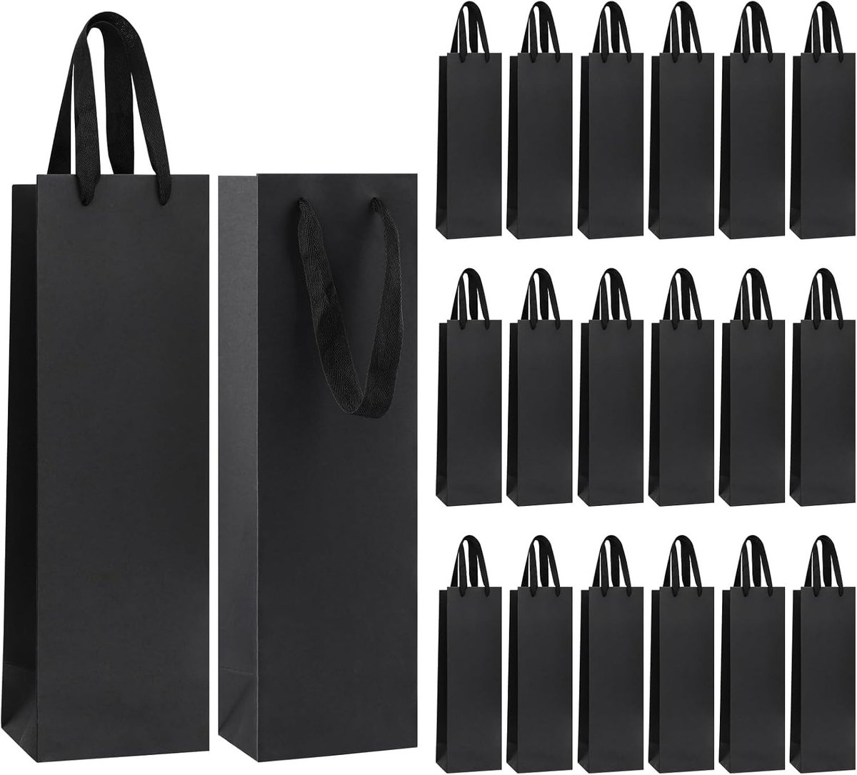 20 Stuks Kraftpapier Wijnzakken met Handgrepen voor Wijnflessen, Geschenken en Feesten - Ideaal voor Kerstmis en Bruiloften (Zwart)