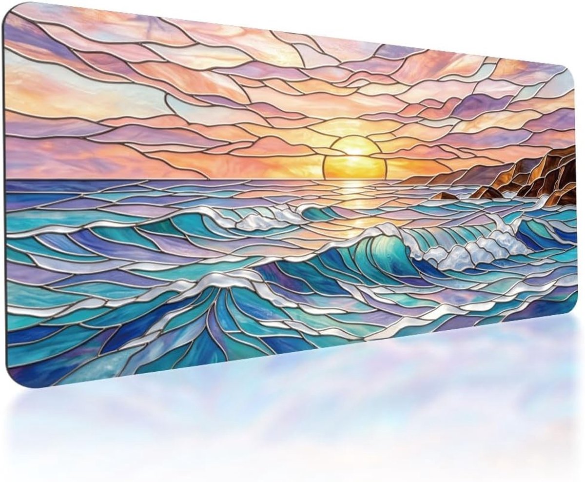 Grote antislip gaming muismat met kleurrijk zeegezicht voor computer en laptop, waterdicht en perfect voor thuiskantoor, 80 x 40 cm