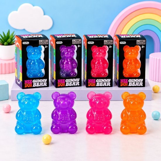 Vier doorschijnende, gummi-achtige knuffelberen speelgoedjes in de kleuren blauw, paars, roze en oranje.