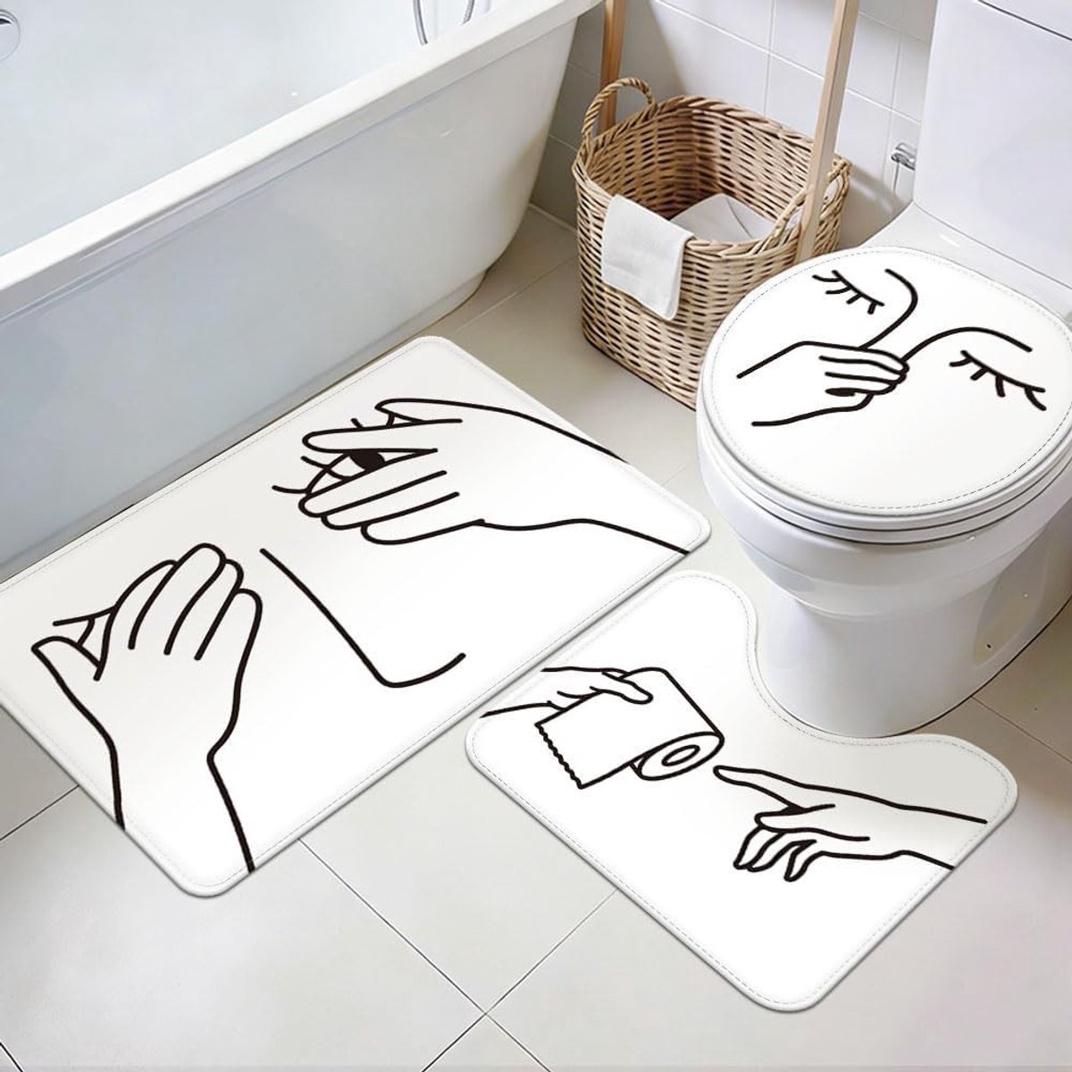Set van 3 Badmatten met U-vormige Toiletmat en Deksel, Wasbaar en Antislip, Grappig Ontwerp voor Badkamerinrichting, Wit