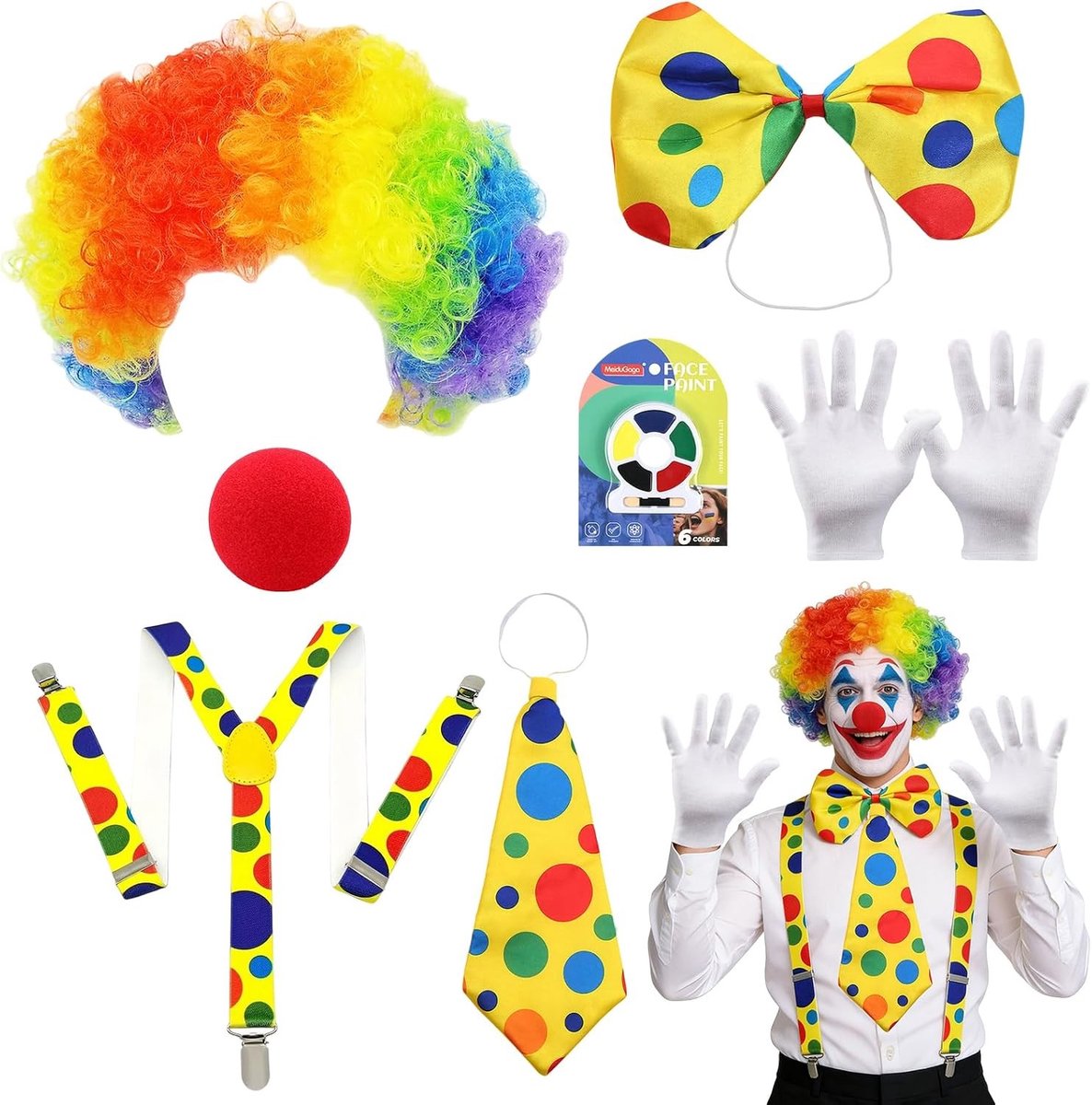 Kleurrijk clown kostuum voor volwassenen met pruik, neus, strik, handschoenen en accessoires voor carnaval en feesten