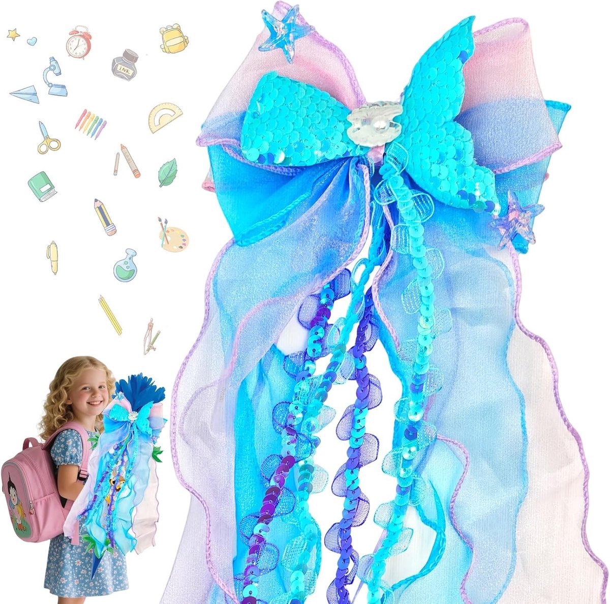 Zeemeermin schoolzakstrik voor meisjes en jongens, decoratieve strik voor eerste schooldag, snoepzakjes en cadeaustrikken