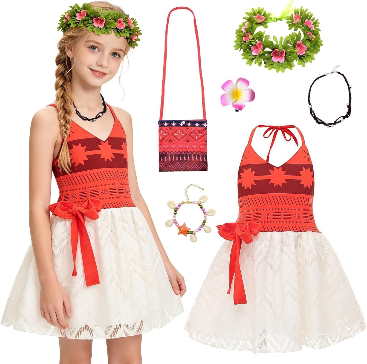 5-delige meisjes prinsessen kostuum met bloemenkroon, schelpenarmband en tas voor avontuurlijke feesten en carnaval