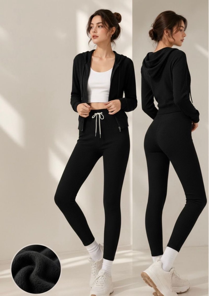 Dames Huispak / Vrijetijdspak met Ribstructuur -F22001- S/M (36-38) ZWART