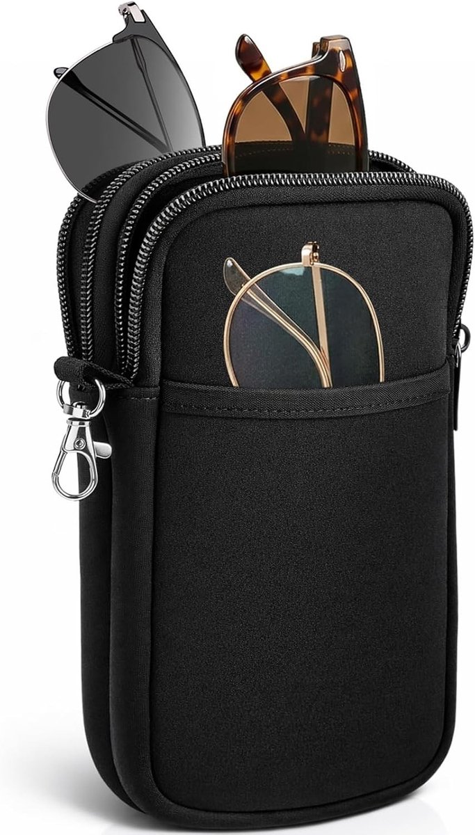 Neopreen brillenhoes met karabiner, ultra lichtgewicht en krasbestendig, met rits en 2 vakken voor mannen en vrouwen