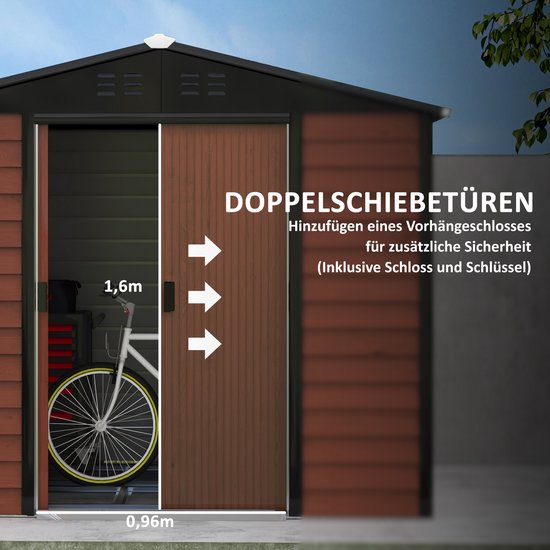 Bruine schuifdeuren van een schuurtje met een fiets en opbergkast binnenin. Afmetingen 1,6m x 0,96m.