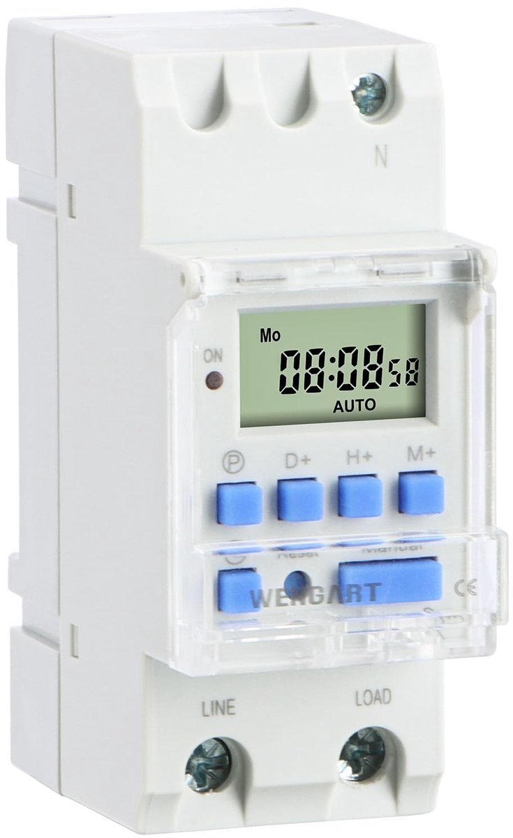 Wengart Digitale tijdschakelaar, 30 A, programmeerbare weektimer op DIN-rail, uitgang stroomvoorziening (Active Output - ShopVlot