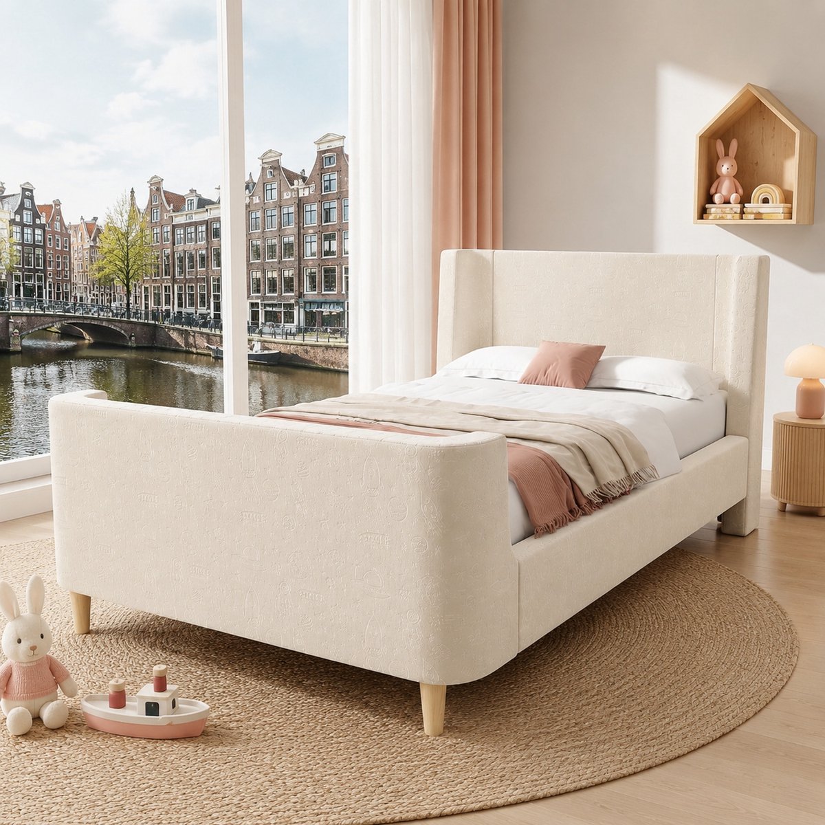 WUVRIE Kinderbed 90x200 cm met kosmisch patroon - Beige Samt - Normaal bed - Zonder matras