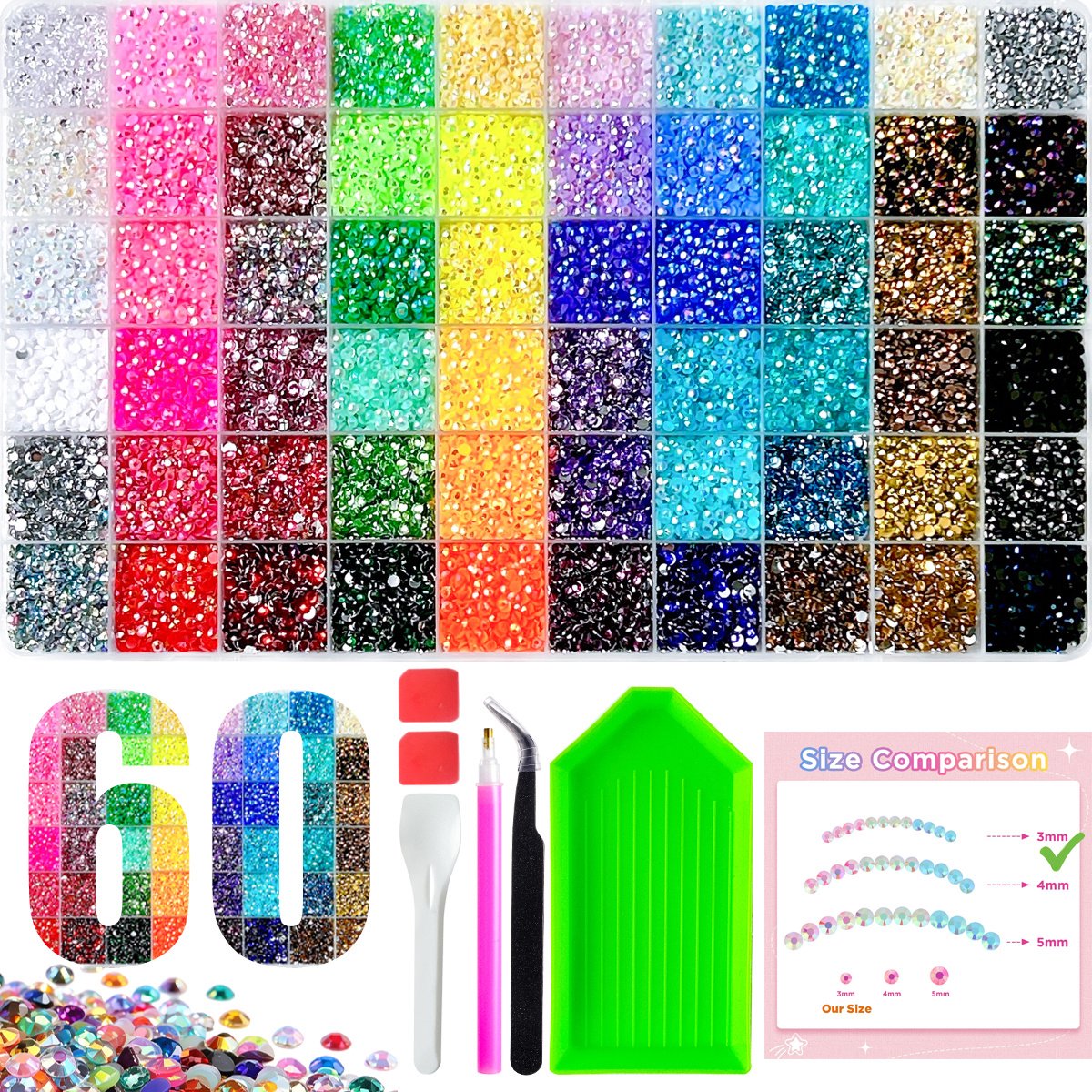 Currero Bedazzle Kit - Bedazzling - Plakstenen - Strass Steentjes - DIY Versieren - 60 Vakken Met 60 Kleuren - Nagel Decoratie - Met Pincet En Applicator - 4mm