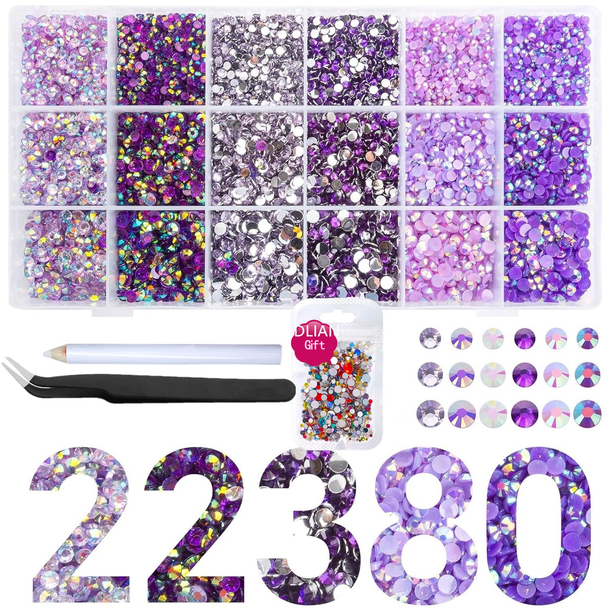 Currero Bedazzle Kit - Bedazzling - Plakstenen - Strass Steentjes - DIY Versieren - Set Met 22.380 Steentjes - Nagel Decoratie - Met Pincet En Applicator - 3/4/5mm - Set 5