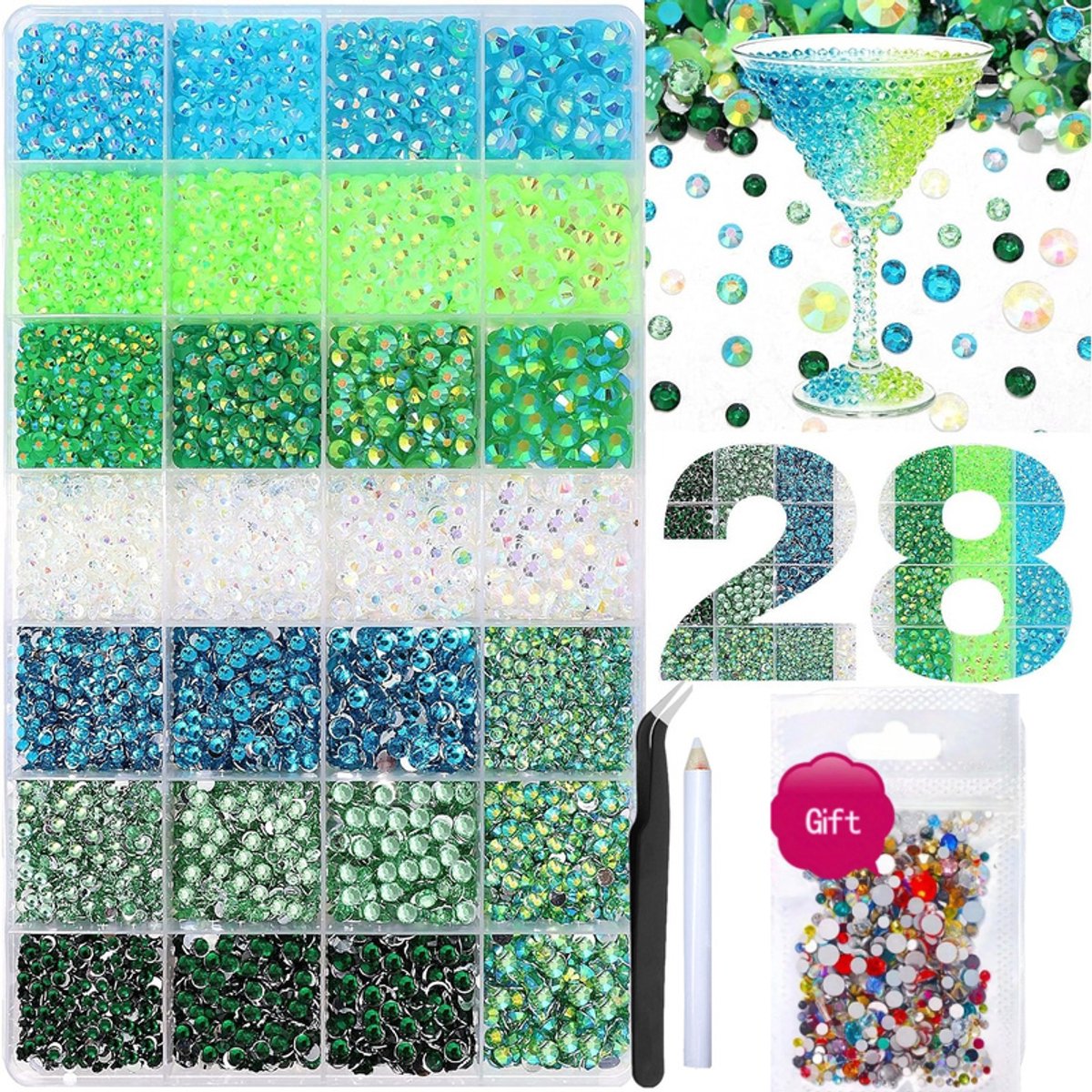 Currero Bedazzle Kit - Bedazzling - Plakstenen - Strass Steentjes - DIY Versieren - 28 Vakken - Met Pincet En Applicator - 3mm - Serie 5